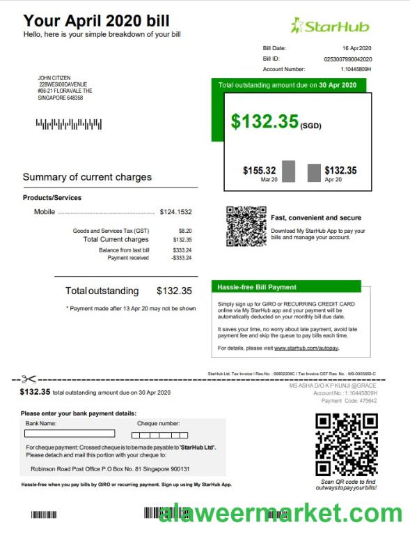 Singapore StarHub utility bill template in Word and PDF format
